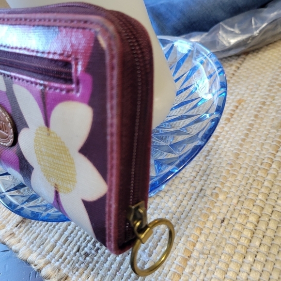 Fossil Leather Floral Zip Around Long Wallet Coated Canvas Pink Cream Retro EUC - Picture 6 of 13